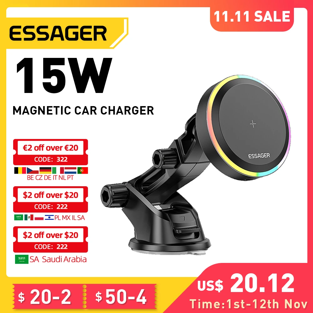 

Essager RGB Magnetic Car Phone Holder Qi 15W Wireless Charger Car For iPhone 14 13 Pro Max Samsung Universal Phone Holder Stand