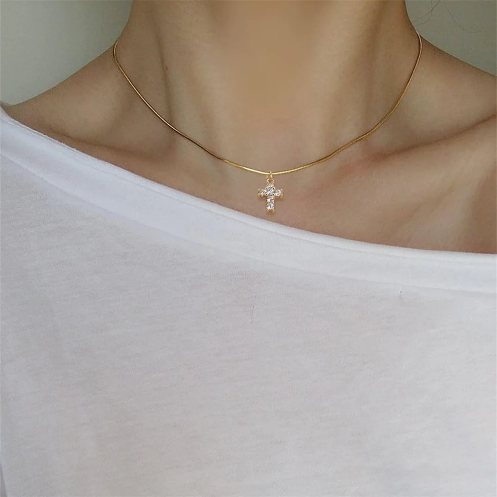 Fashion Vintage Gold Plated Snake Chain Crystal Cross Pendant Necklace For Women Female Boho French Simple Jewelry Party Gift