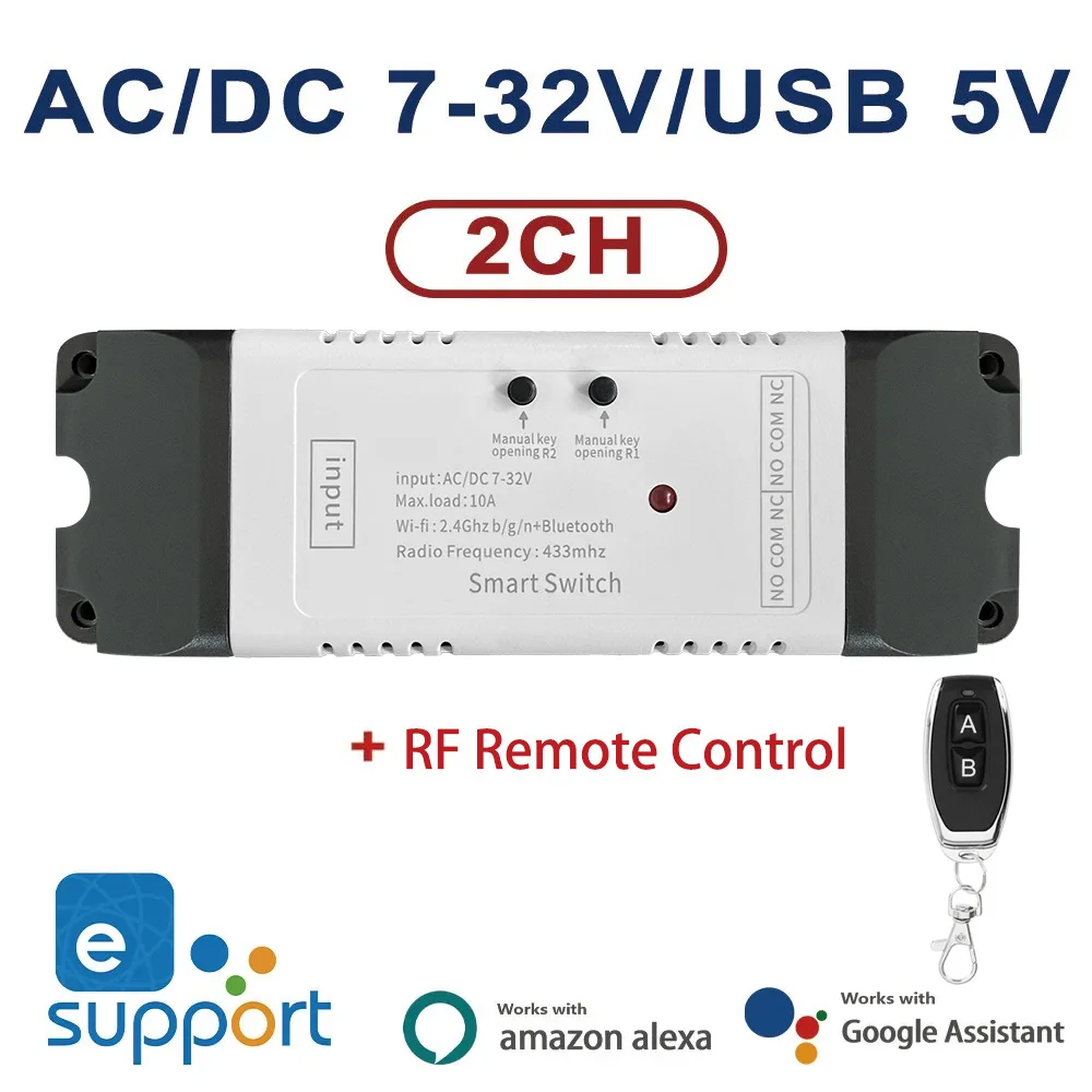 

EWeLink WIFI Smart Switch DC 12 В 24 В 32 В модуль 2-канальный релейный приемник 2,4 ГГц дистанционное управление работает с Alexa, для умного дома