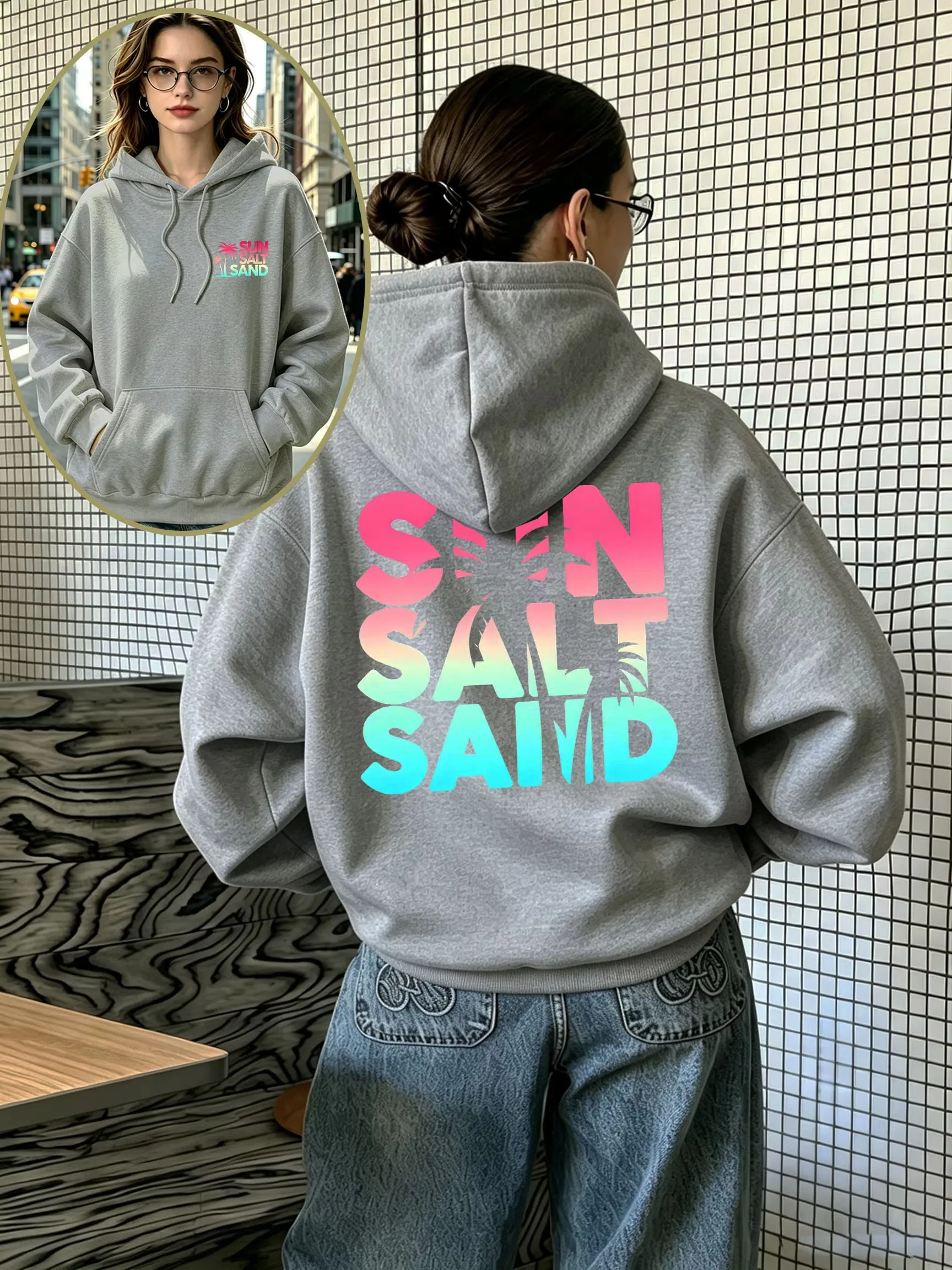 Vintage Women Oversized Hoodie Sun Salt Sand Gradient Letter Palm Tree Print Pullover Long Sleeve Hooded Sweatshirt Streetwear