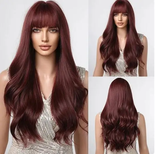 

Long Body Wavy Synthetic Wigs Wine Red Cosplay Wig with Bangs Burgundy Wave Fake Hair for Women Party Lolita Wigs Heat Resistant