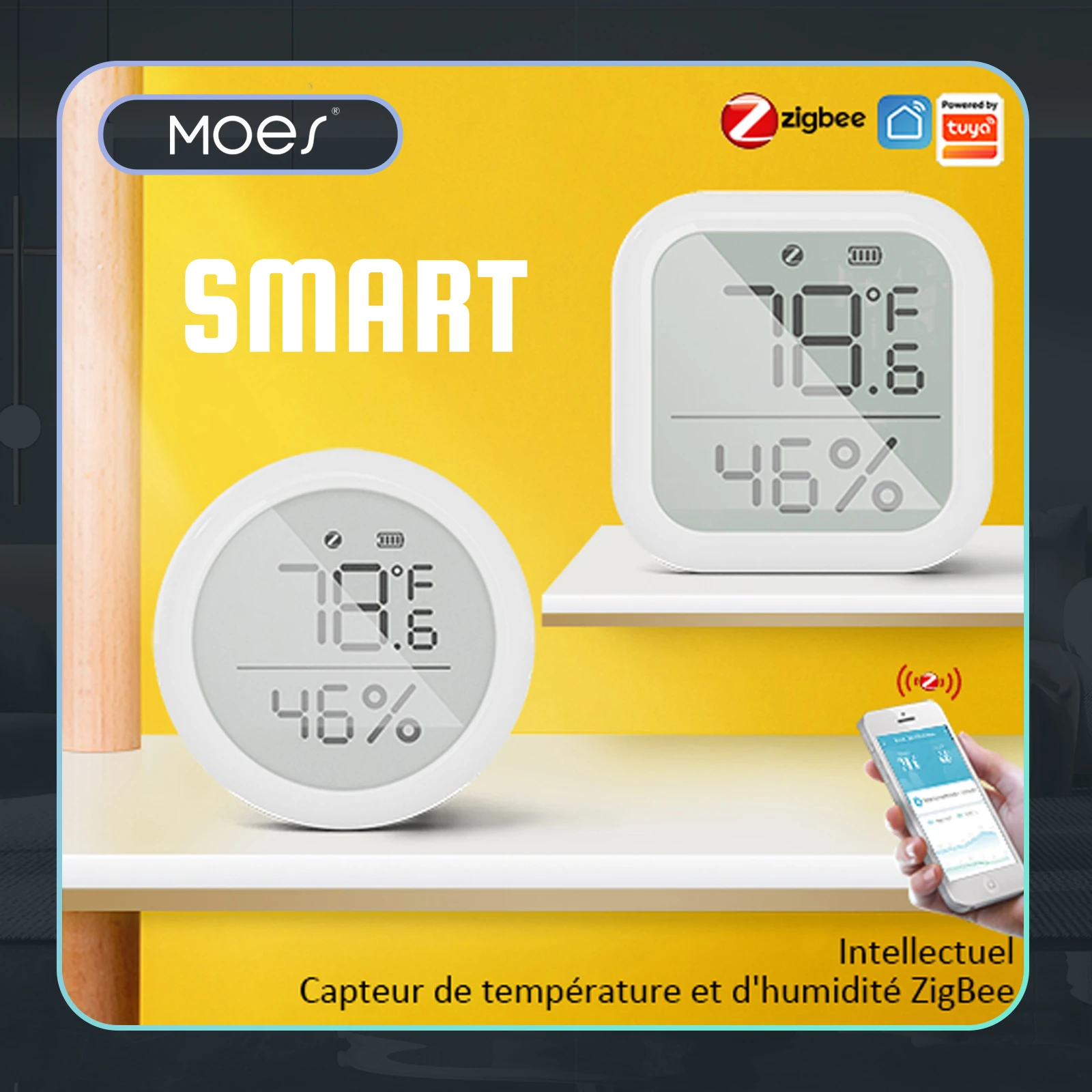 MOES – capteur intelligent de température et d'humidité Tuya ZigBee, pour maison connectée, avec écran LED, fonctionne avec Google Assistant et Tuya Zigbee Hub