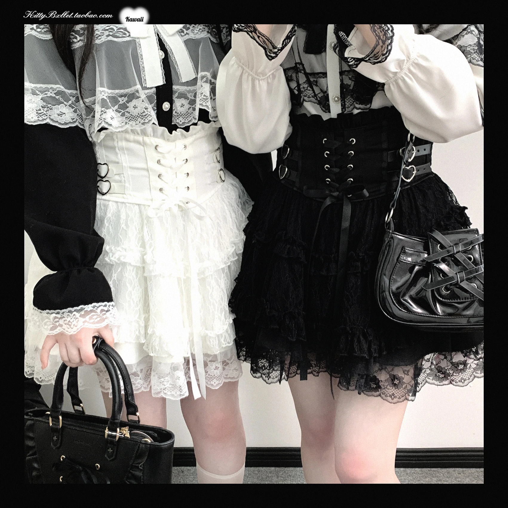 Japanese Mine Style Lace Splicing Short Skirts High Waist Lace-up A-line Heart Leather Buckle Sweet Versatile Mini Skirt Women