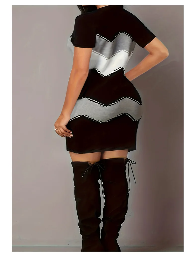 Damska Wąska Letnia Sukienka Midi z Krótkim Rękawem, Luźna, w Stylu Vintage, Seksowna, Elegancka, z Paskami 3D, Befree, Boho, Codzienna, na Imprezę