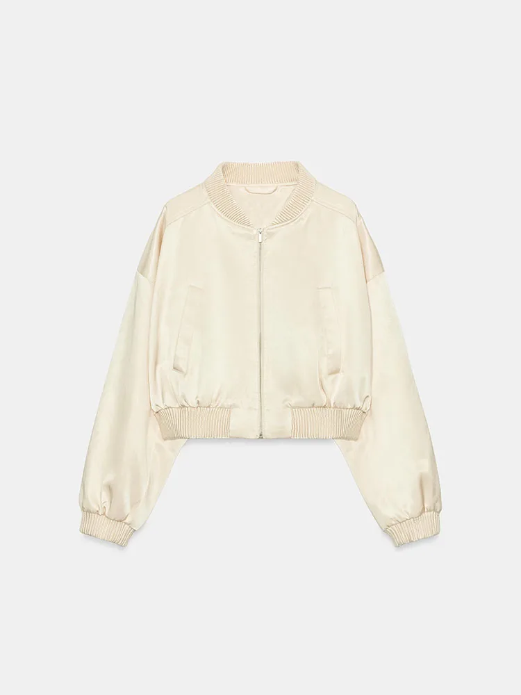 Fashionable Long Sleeve Satin Pilot Jacket Women's New Arrival 2026 Autumn Zipper Closure Short Outerwear Elegant Style