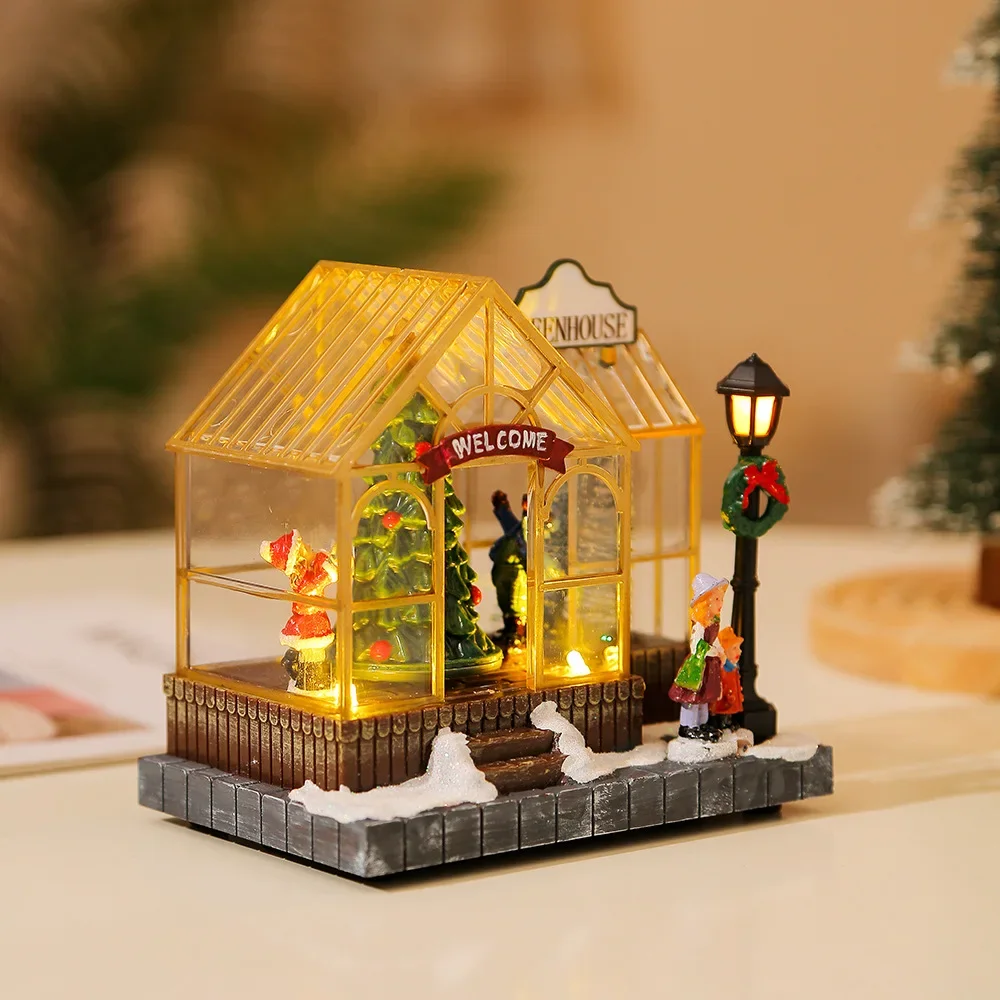 Christmas Scene Village House Figurine Colorful LED Glowing Rotating Musical House Xmas Gift Home Desktop Decoration