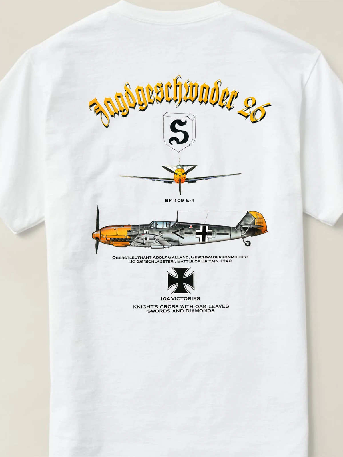 WWII German JG 26 Ace Pilot Adolf Galland Bf-109E-4 Fighter T Shirt. 100% Cotton Casual O-Neck T-shirt Loose Top New Size S-3XL