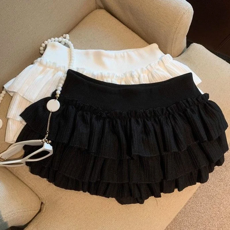 Sweet Puffy Cake Mini Skirt for Women 2026 Summer High Waist Ruffles Short Skirts Woman Chic Pleated A Line Skirts with Shorts