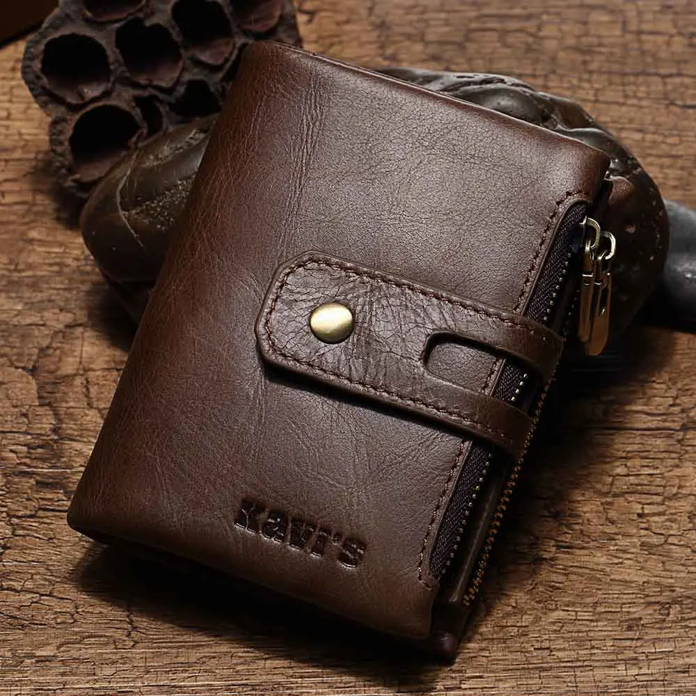 First Layer Leather Mens Wallet with RFID Card Holder Purse Short Cowhide Zip Coin Pocket Bifold Women Clutch cartera hombre