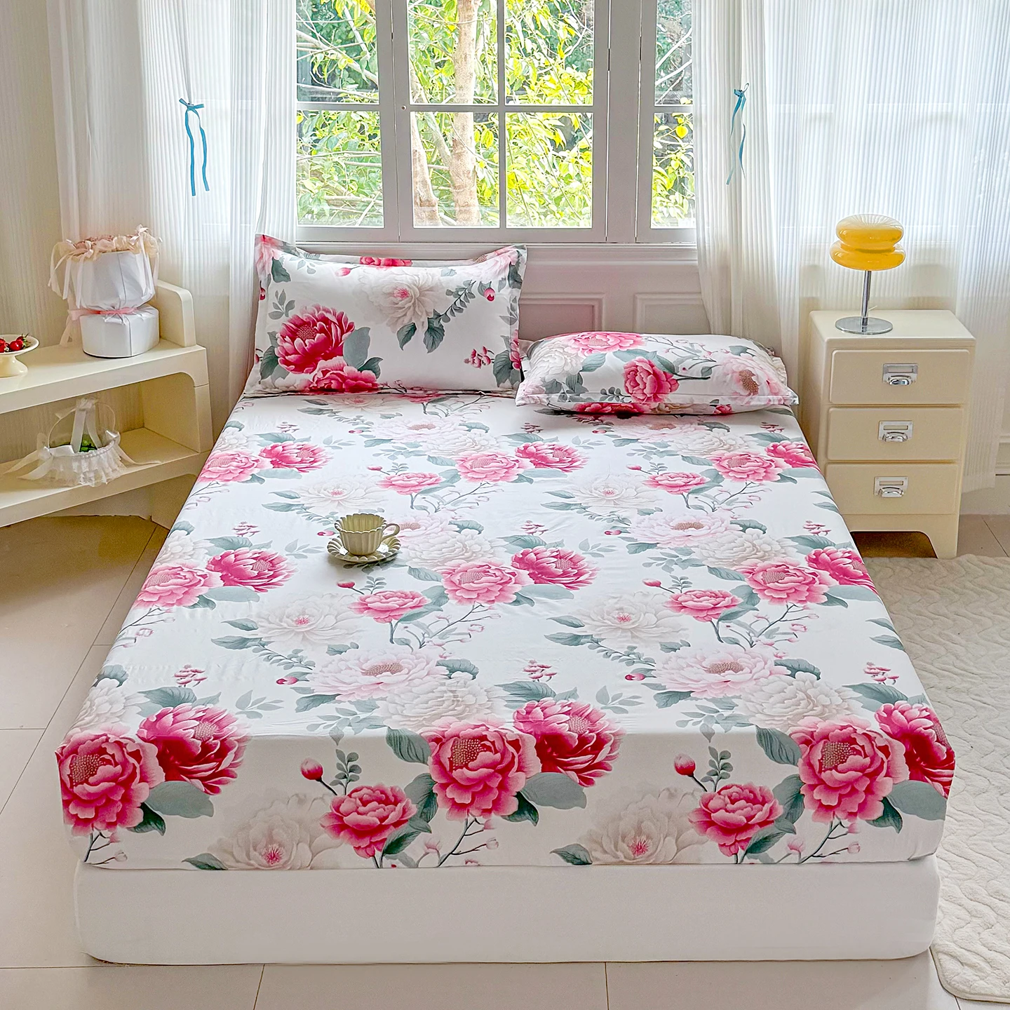 1pc Floral Style Fitted Sheet Printed Bed Sheet with Elastic Single/Queen/King Size Fitted Bed Sheet (Pillowcase Need Order)
