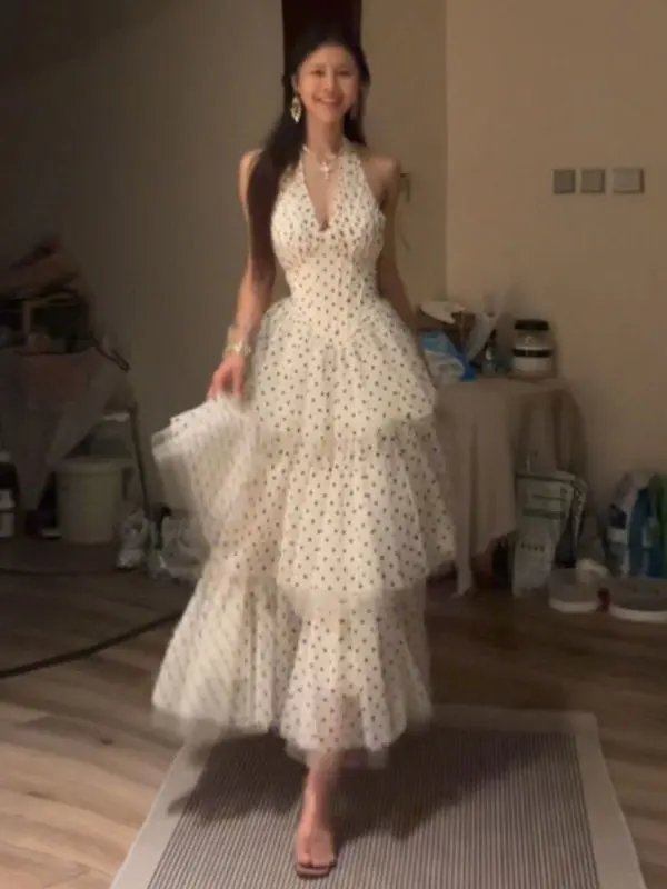 

Elegant Polka Dot Neck Hanging V-Neck Summer Dress Beach Vacation Style High Waist Puffy Skirt French Style Casual A-Line Dress