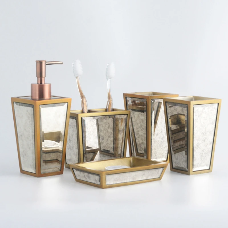 

High - End New Design Resin Bathroom Sets Mirror Glass Hotel Toiletries Bathroom Accessories Set