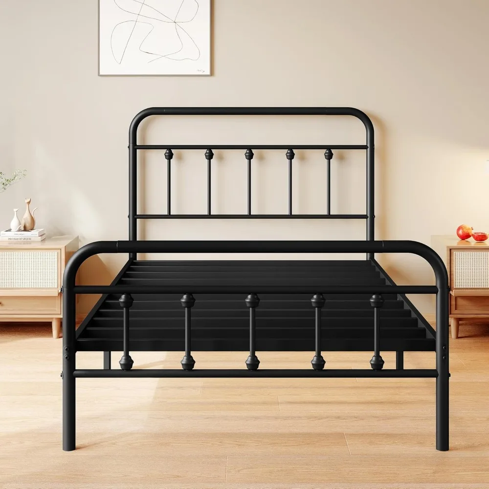 Twin Metal Platform Bed Frame with Victorian Headboard, Steel Slat Support, Easy Assembly, Underbed Storage