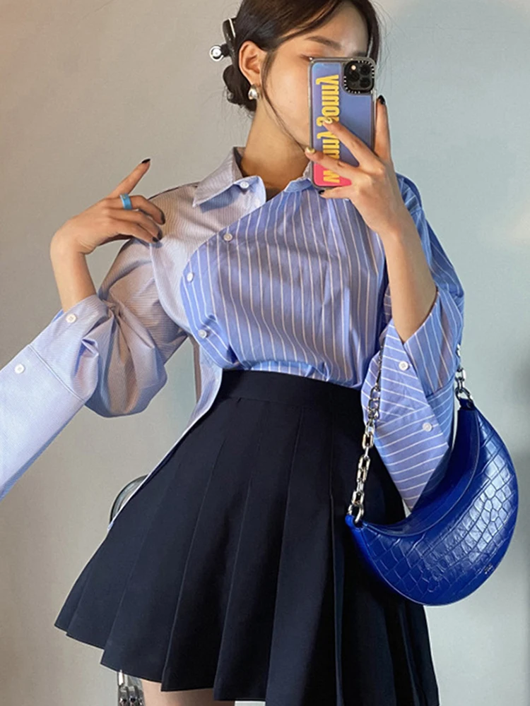 [EWQ] Women Lapel Irregular Single Breasted Shirt Long Sleeve Striped Contrast Color Blouse Top 2024 Spring Autumn New Tide 7813