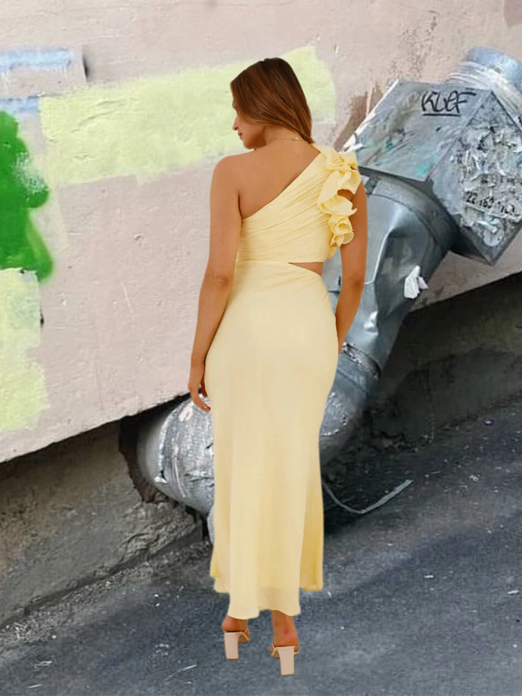 ผู้หญิงหนึ่งไหล่แขนยาวForkedชุดยาวเซ็กซี่Bodyconเซ็กซี่Streetwear Party Club Elegant 3Dดอกไม้Streetwearเสื้อผ้า