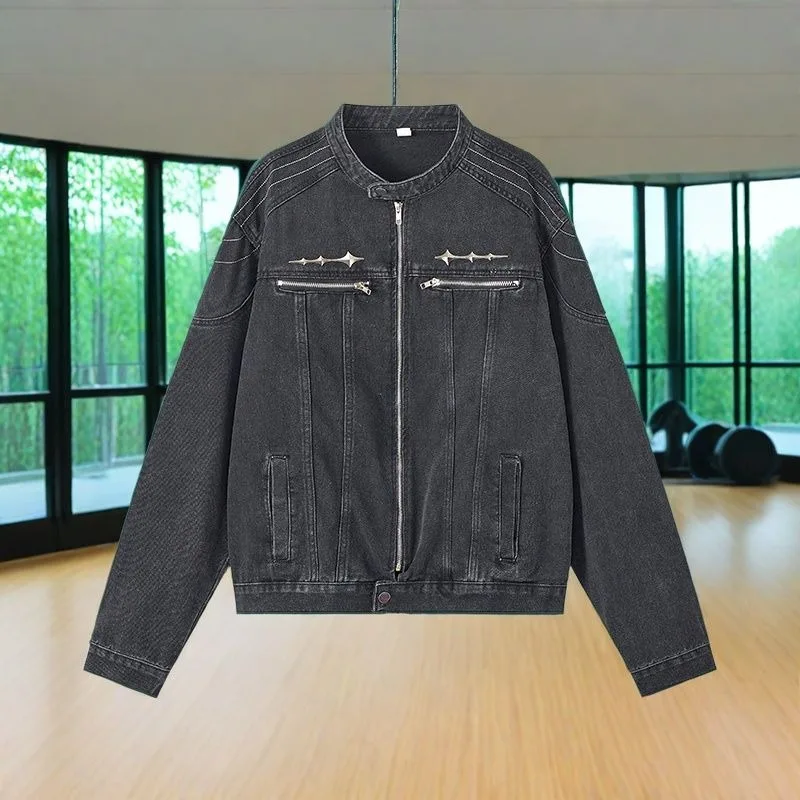 

Large Size 125kg Coat Men's Senior Hair Stylist Trendy Brand Men's Shoulder Padded Stand-up Collar Denim Winter Jacket Men