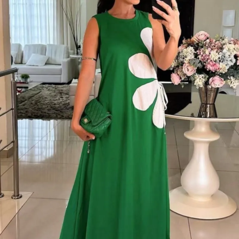 홀리데이 패션 프린트 스플라이스 ​ ​ 여성 캐주얼 라운드넥 민소매 심플 시크 원피스 2025 봄 여름 신상