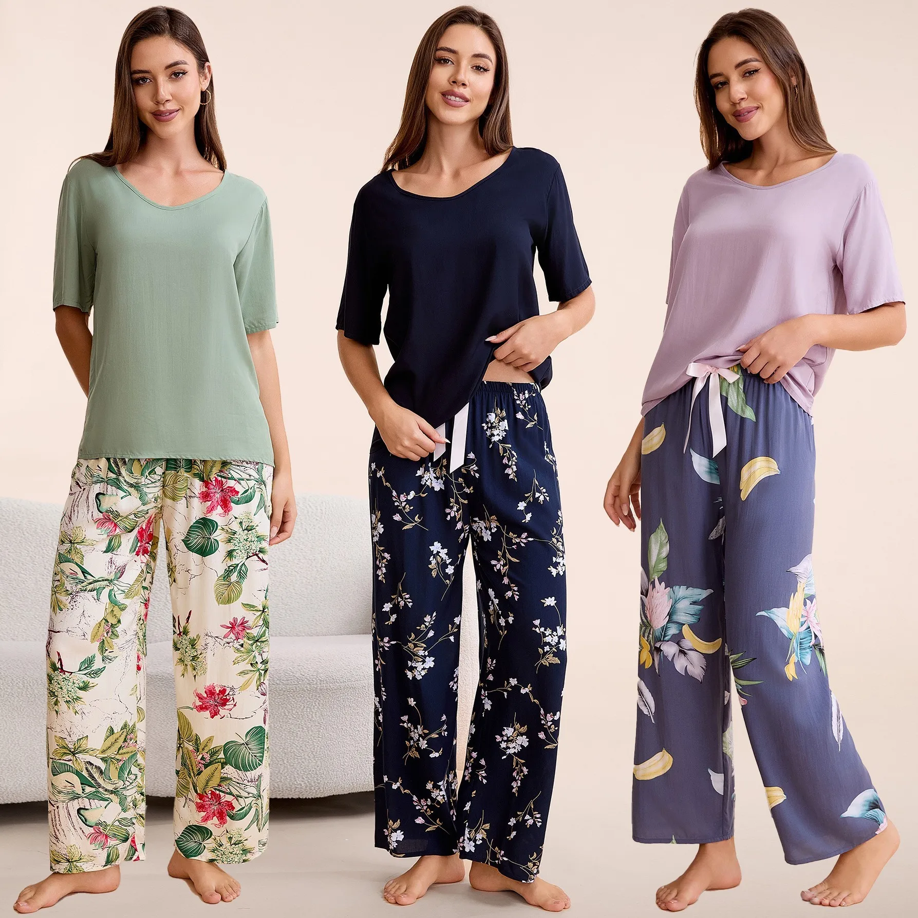 

Large Size Women's Sleepwear Cotton Silk Wide Leg Pants Two Piece Set Spring Summer Home Clothes Cross-Border Popular Items
