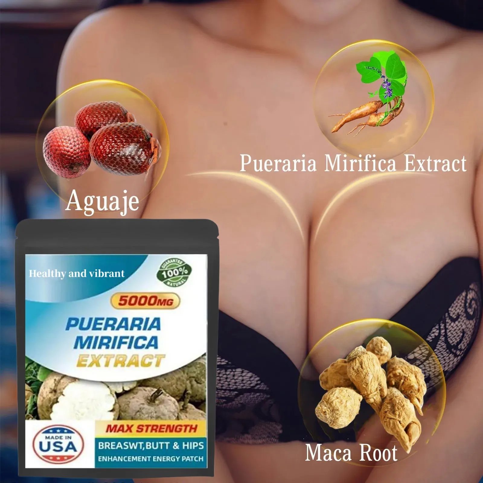 

Bigger Breast & Buttocks And Hips Enlargement Pure Pueraria Mirifica Extract Complex - Aguaje, Maca Powder 5000 Mg 5 Pcs/bag