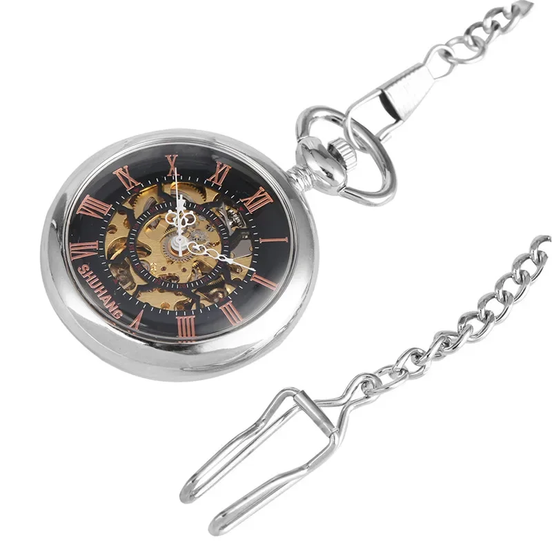 Silver Unisex Hand-winding Mechanical Pocket Watch Skeleton Smooth Case Roman Numbers Watches for Men Women Pendant Chain Gift