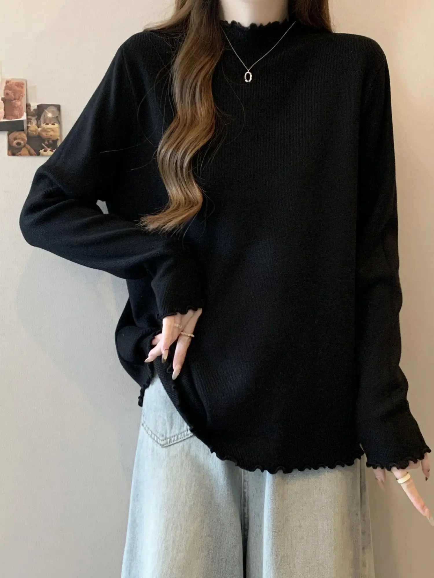 plus Size Women's Long Sleeve High Collar T-Shirt Belly Covering Wood Grain Ruffle Autumn Winter Slimming Base Shirt