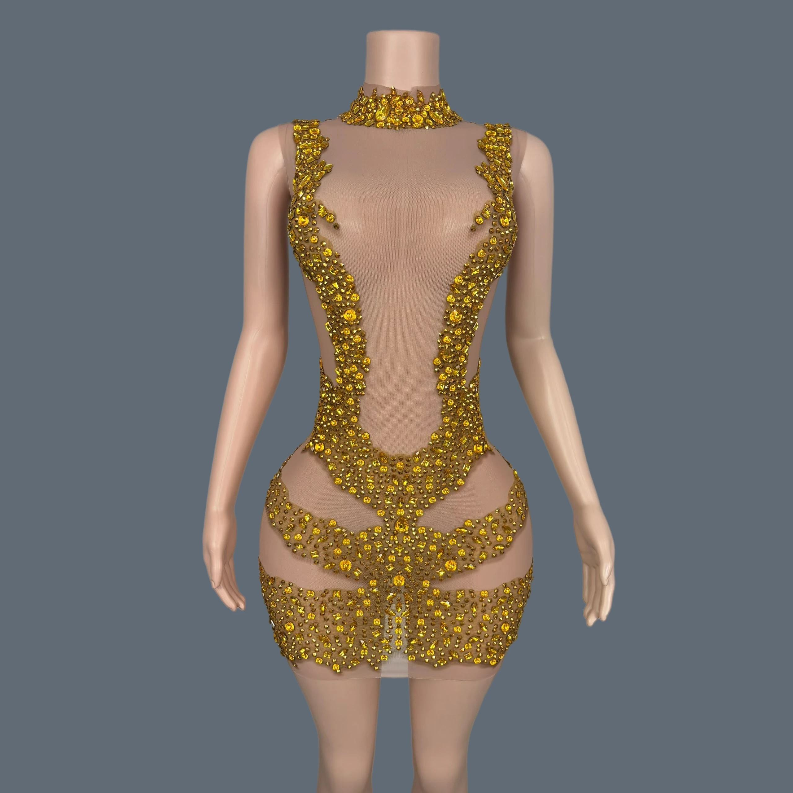 

Sparkly Rhinestone Elegant High-end Cocktail Dress Sexy Women Transparent Mesh Crystals Mini Dress Birthday Party Outfit Huashu