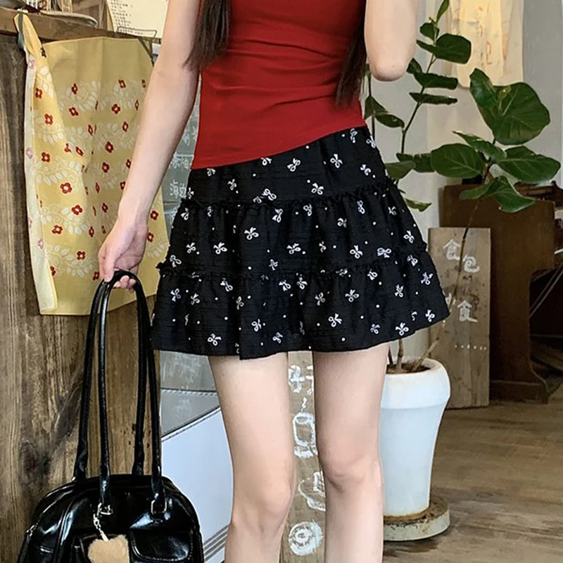 Sweet Bow Print Skirt Women Korean Casual High Waist Lace Mini Skirts Summer Fashion Female Design Elegant A Line Cake Skirt New