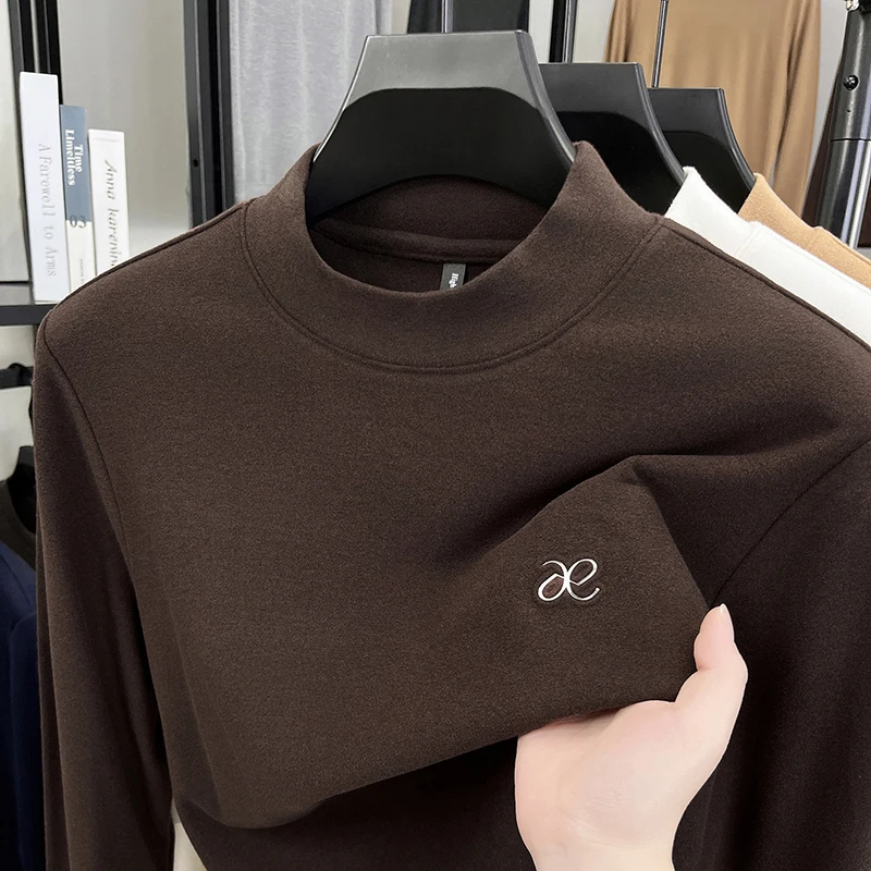 

Luxury Man Long-Sleeved T-Shirt Mock Neck Exquisite Embroidery Versatile Comfortable Autumn Winter Casual Fashion Men's Clothing