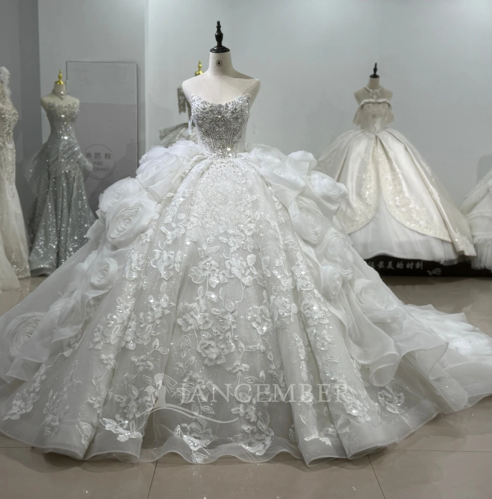 

Factory Custom Sparkly Ball Gown Wedding Dresses Strapless Sleeveless Sequins Ruffles Bridal Gowns vestidos de novia boda
