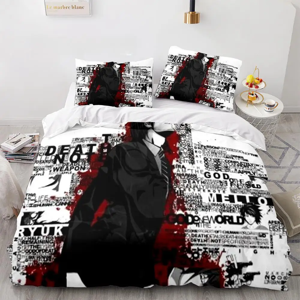 Das komplette Death Note Bettwäsche-Set für ein Einzelbett ausgebreitet