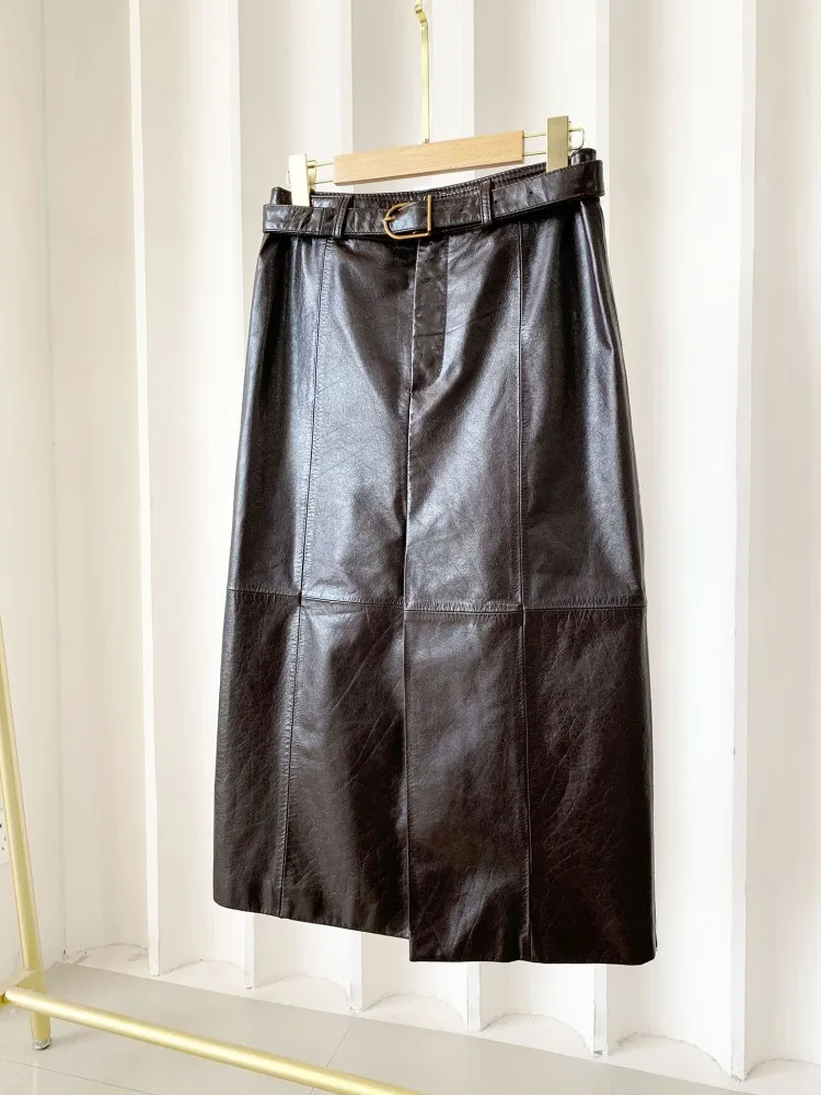 Autumn Elegant Office Ladies Sashes High Waist A Line Skirt Designer Vintage Casual Genuine Leather Medium Long Split Skirts