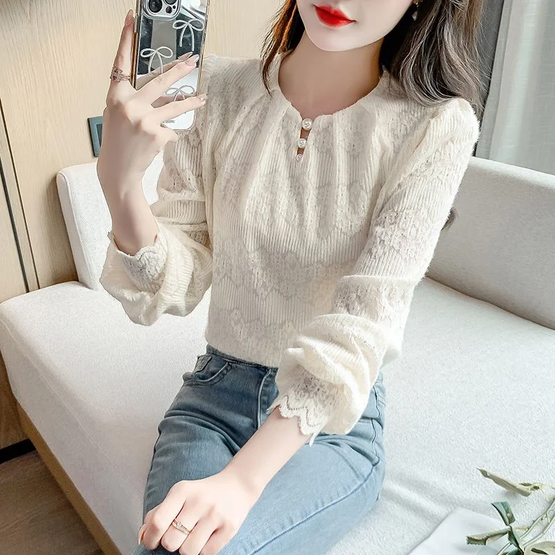 

Fashion Elegant Round Neck Lace Base Shirt Women Stylish Versatile Long Sleeve Top