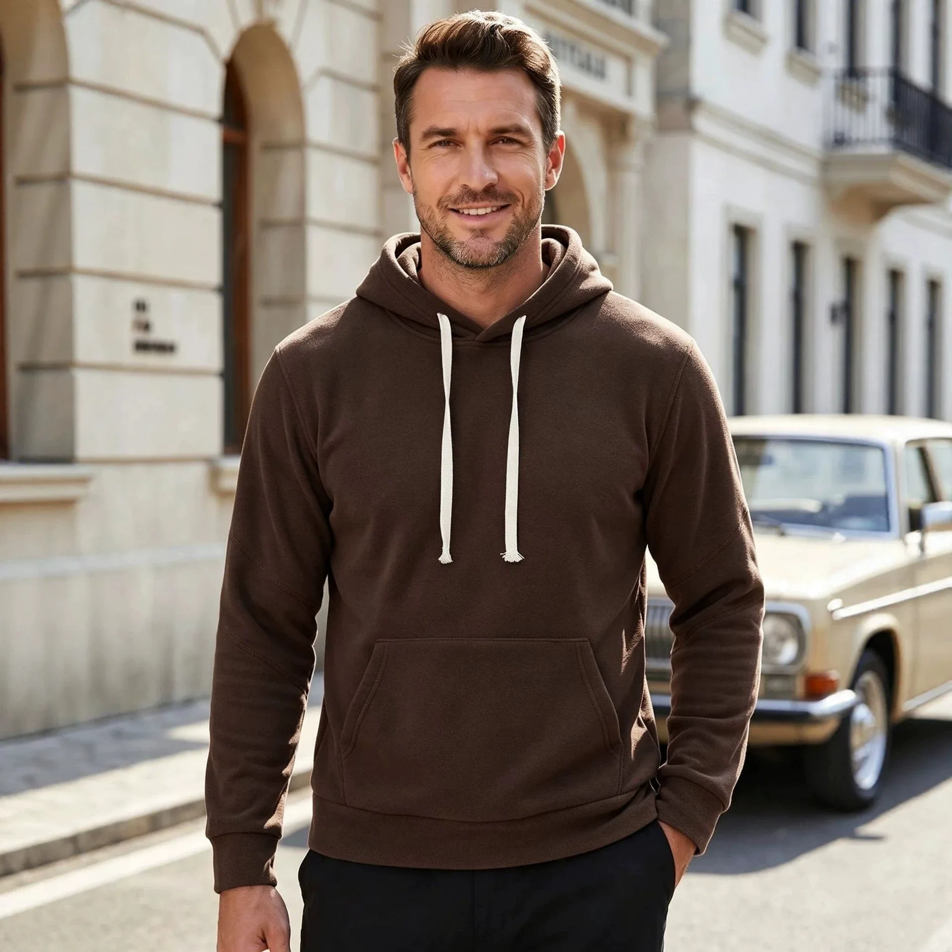 Men's Casual Sports Commuter Hoodie Loose Fit Pocket Solid Polar Fleece Sweatshirt Pullover American Vintage Fall Warm Men's Top