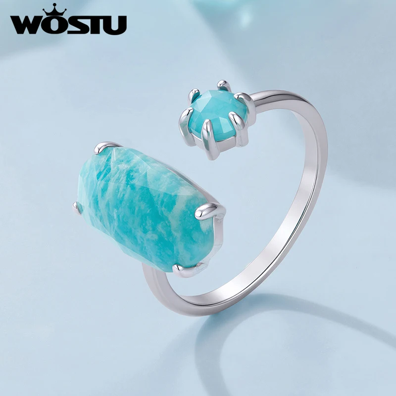 WOSTU Genuine Amazonite Aquamarine Gems Statement Open Ring For Women, Platinum Plated Rectangle Adjustable Rings  Luxury Gift