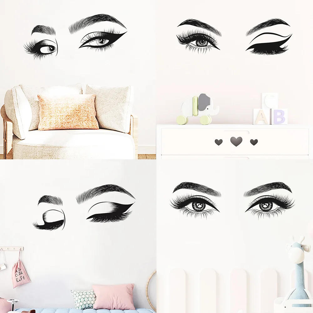 Adesivos de parede com olhos grandes, decoração de quarto com cílios, adesivo de parede fashion, removível, arte mural DIY para mulheres, salão de beleza, quarto.