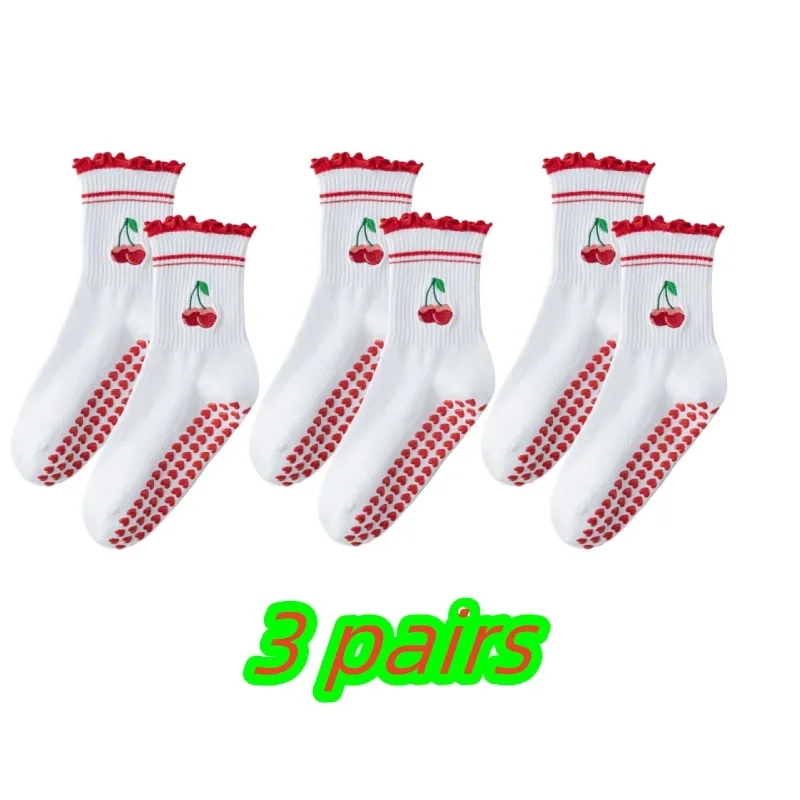 

3 пары женских элитных белых носков для йоги с вышивкой, пилатеса, фитнеса, бега, спортивных женских носков средней длины с героями мультфильмов вишни