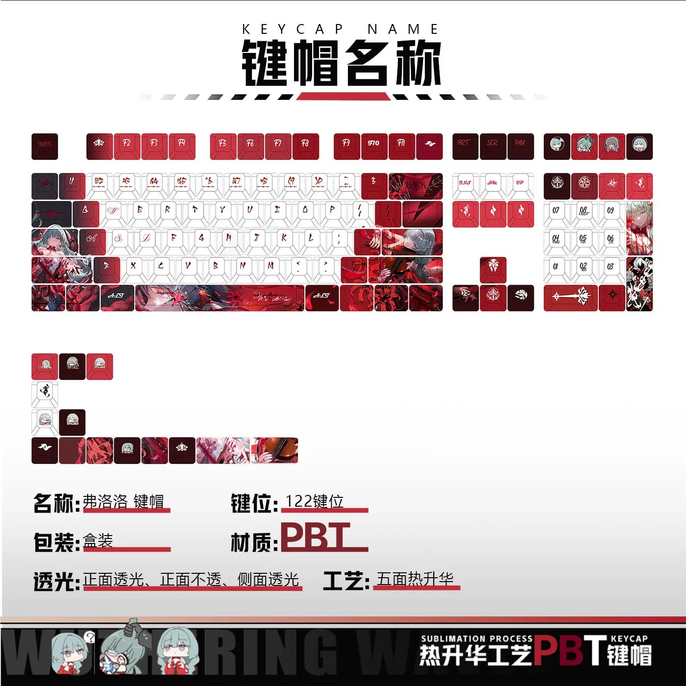 Phrolova 122 PBT Keycap Wuthering Waves DYE Sublimation Key Cover Cherry Cross MX Switch Key Caps for Mechanical Keyboard Gift