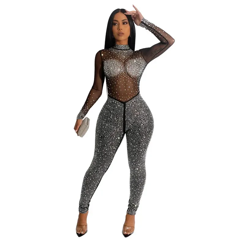 Hohe Qualität 2022 Lange Hülse Dünne Sexy Diamanten Overalls Frauen High Neck Mesh Sehen Durch Schwarz Club Party