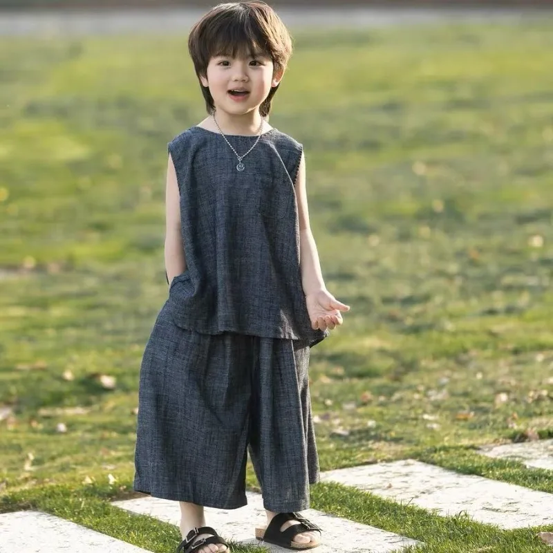 

Retro Forest Minimalist Loose Vest and Wide-leg Pants Boys' Three-quarter Pants Set Kids Clothes Boy Child Summer Outfit Sets