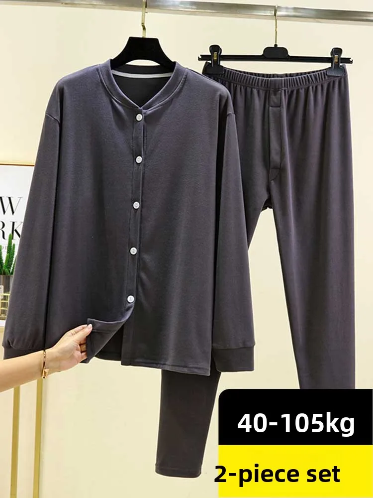 

Men's Fleece Lined Sleepwear Set Thickened Long Sleeve Thermal Underwear Large Size Open Cardigan Home Clothes Two Piece Set
