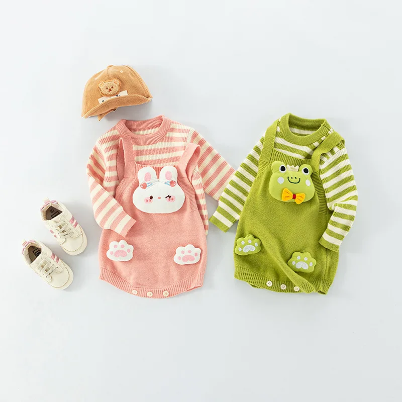 Autumn Baby Girl 2PCS Clothes Set Striped Pit Striped Elastic Hem Sweater Cartoon Rabbit Knitted Romper Suit Infant Girl Outfits