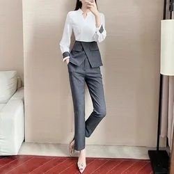 Camicetta e abiti grigi Set da 2 pantaloni da donna Indossare al lavoro Top da ufficio Set da due pezzi Pantaloni per donna Pantaloni professionali Abiti D