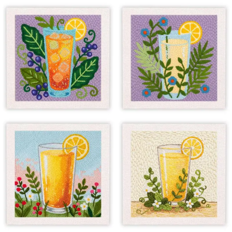 

25x25cm Punch Needle Embroidery Starter Kits With Frame Lemon Drink Design Punch Needle Kits Handicraft Home Wall Decor Gift