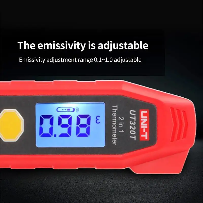 Termometer UNI-T Digital UT320T, pengukur suhu akurasi tinggi 2 dalam 1, pengukuran inframerah dan Probe IP54