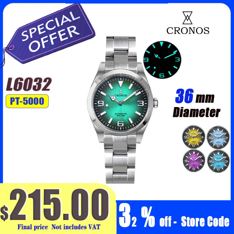 Cronos EX Couple Wristwatches 36mm NH35 PT5000 Miyota9015 Automatic Sapphire Glass Bushed Bracelet 10ATM L6032 L6019 L6042M