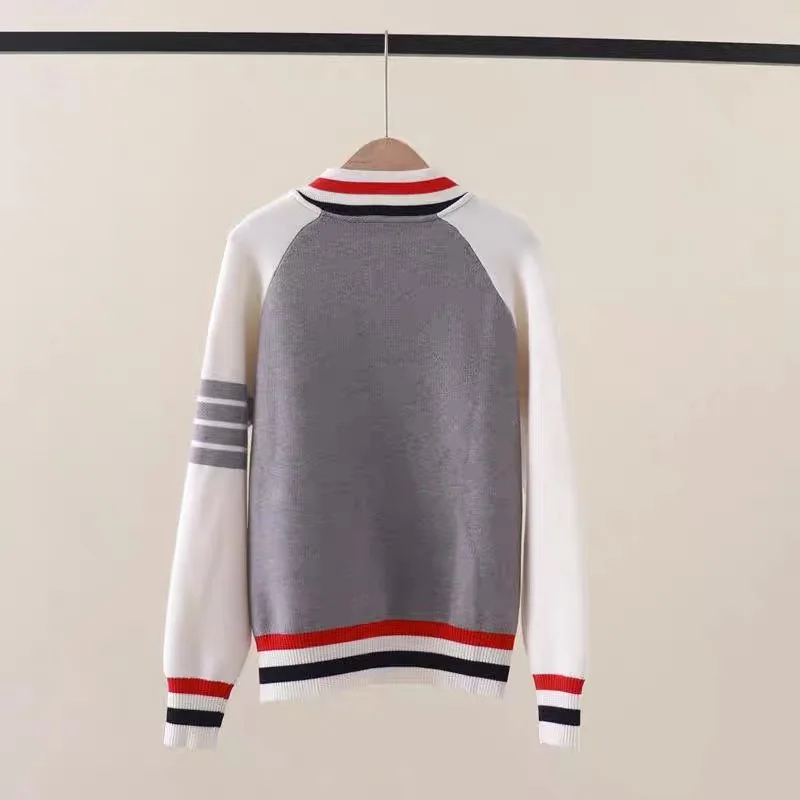 Women\'s Patchwork Contrast Style Baseball Jacket Autumn Winter New Loose Thick Knitted Vintage Loose Sweaters Coat