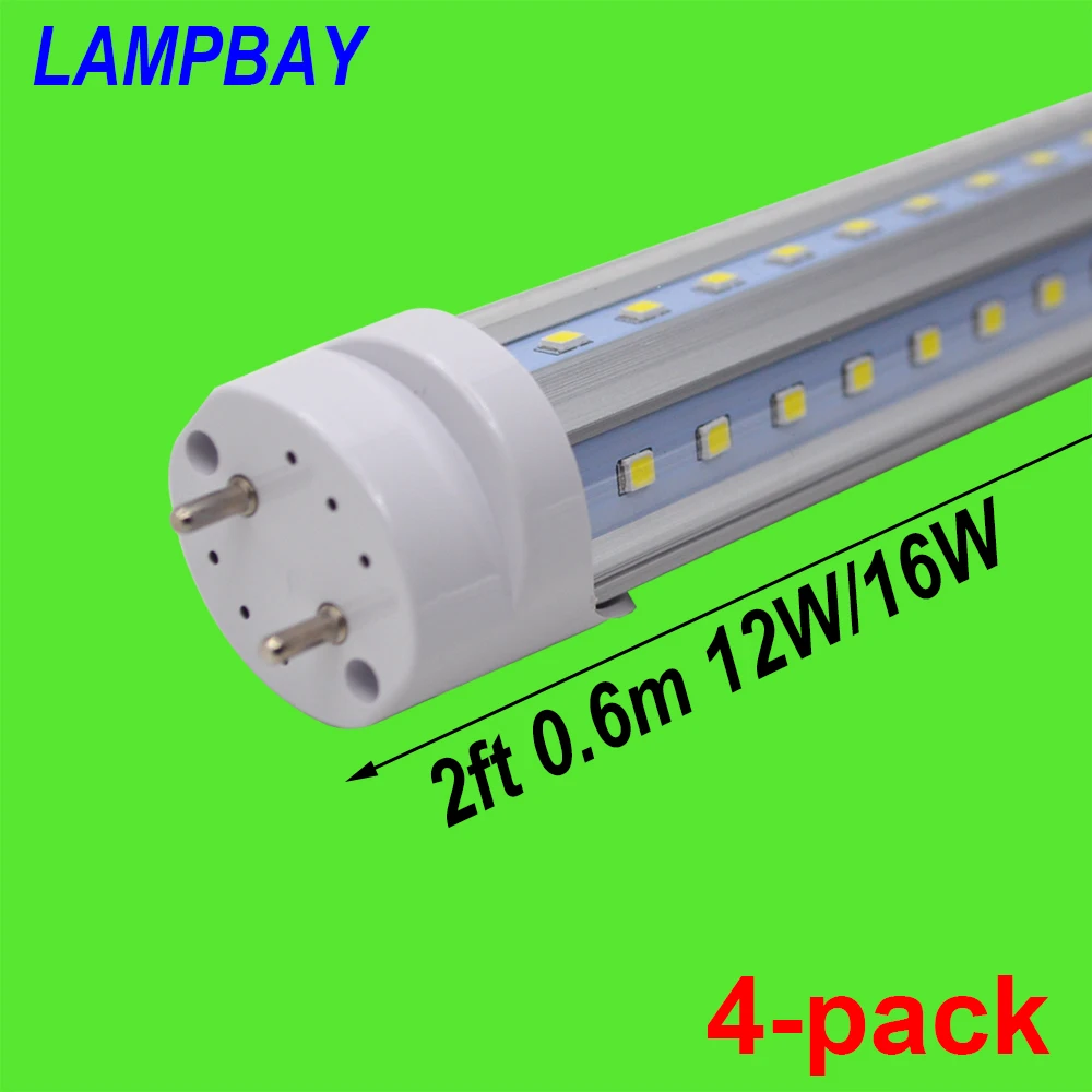 

4-pack V shaped LED Tube Lights 2ft 0.6m 12W 1400LM 16W 1800LM Super Bright Bulb 24" T8 G13 Retrofit Fluorescent Bar Lamp