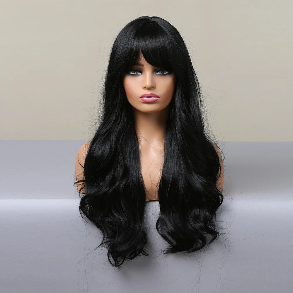 باروكة صناعية سوداء طويلة مموجة لحفلات الهالوين التنكرية للاستخدام اليومي، مجموعة شعر مستعار ملحقات درجة الحرارة العالية