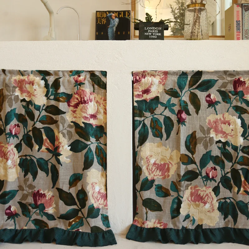 American Style Floral Cotton Linen Half Curtain Door Curtain No Punching Required Rod Insertion Ready Made Curtain for Wardrobe