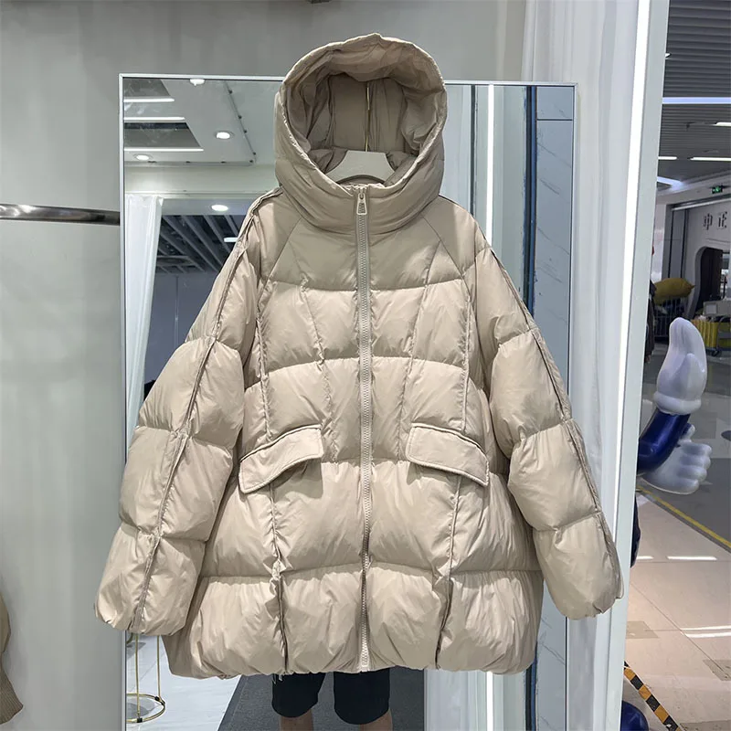 New Winter Women White Duck Down Jacket Hooded Plus Size Warm Oversize Puffer Coat Female Casual Loose Parkas Pocket Outerwear